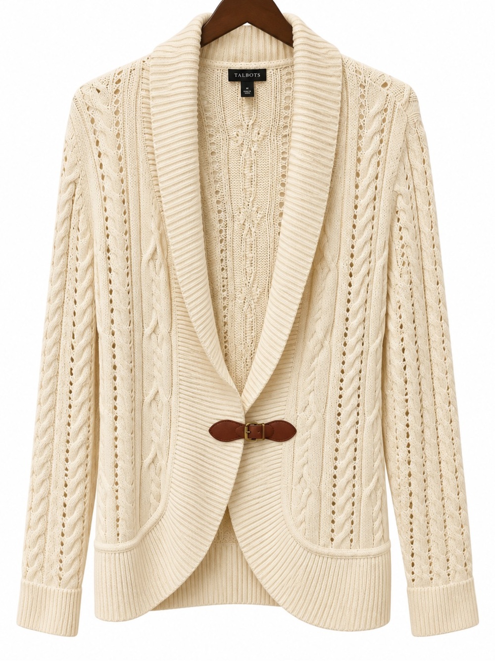 Talbots Made With Lambs Wool, Cream Cable-Knit Shawl Collar Sweater